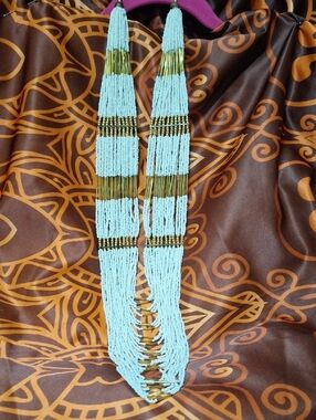 Vintage Afican Waist Length White and Gold Multi-Strand Beaded Necklace -